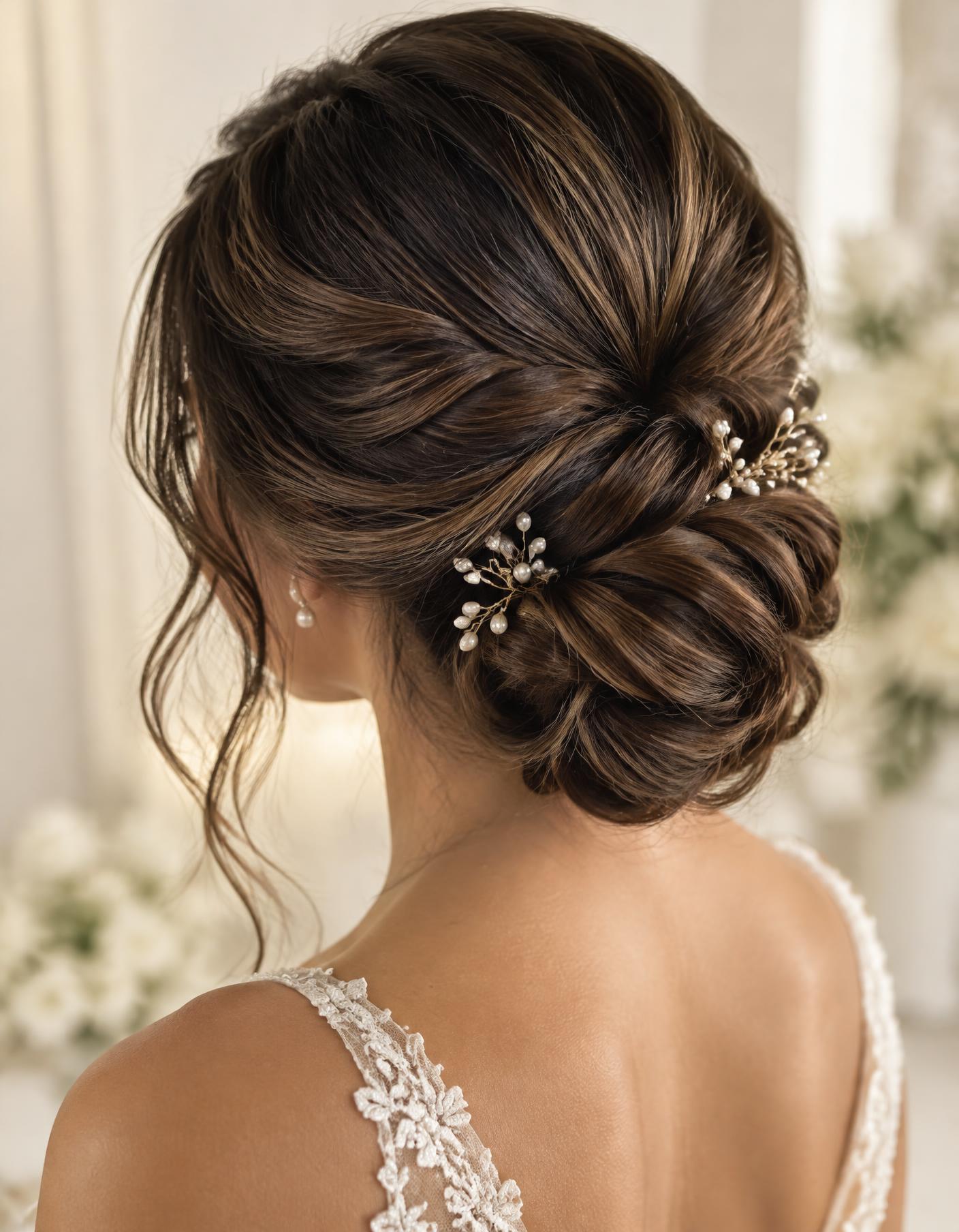 Penteado de noiva com coque baixo e acabamento delicado